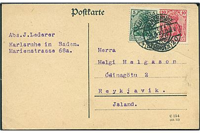 5 pfg. og 10 pfg. Germania på brevkort fra Karlsruhe d. 30.3.1920 til Reykjavik, Island.