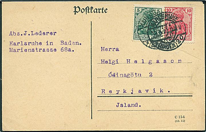 5 pfg. og 10 pfg. Germania på brevkort fra Karlsruhe d. 30.3.1920 til Reykjavik, Island.