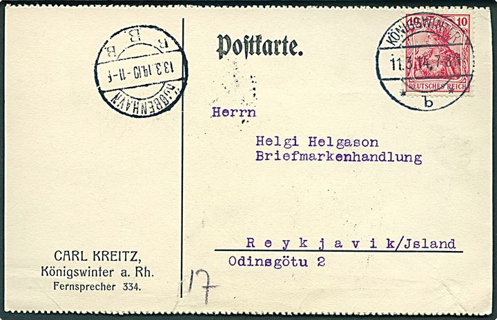 10 øre Germania på brevkort fra Königswinter d. 11.3.1914 via Kjøbenhavn d. 13.3.1914 til Reykjavik, Island.