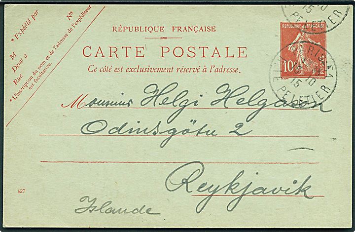 10 c. helsagsbrevkort fra Paris d. 16.10.1915 til Reykjavik, Island.