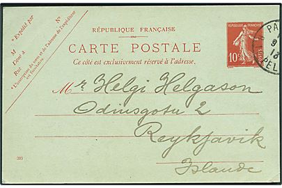 10 c. helsagsbrevkort fra Paris d. 9.9.1913 til Reykjavik, Island.