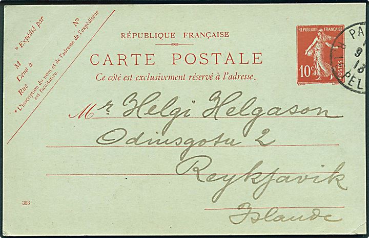 10 c. helsagsbrevkort fra Paris d. 9.9.1913 til Reykjavik, Island.