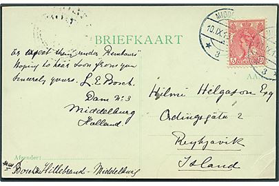 5 c. på brevkort fra Middelburg d. 10.9.1913 til Reykjavik, Island.