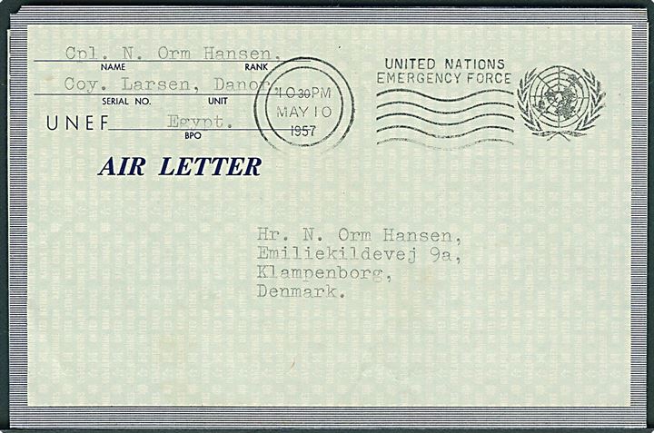 Ufrankeret UNEF Air Letter med maskinstempel United Nations Emergency Force d. 10.5.1957 til Klampenborg, Danmark. Fra dansk FN-soldat ved Coy. Larsen, DANOR Egypt.