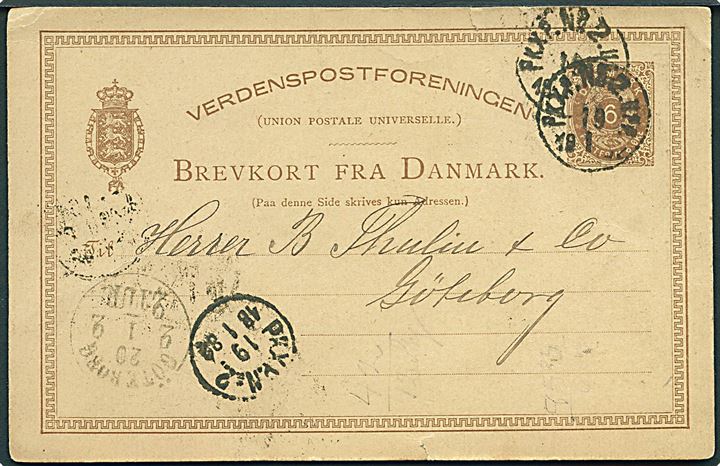 6 øre helsagsbrevkort fra København annulleret med svensk bureaustempel PKXP No. 2 UPP d. 19.1.1882 til Göteborg, Sverige.