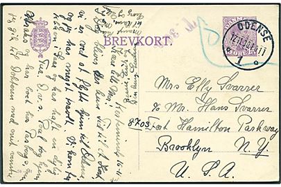 15 øre Chr. X helsagsbrevkort (fabr. 70-H) fra Kerteminde markeret ugyldig i Odense d. 17.11.1930 til Brooklyn, USA. Violet portostempel T. 30 c..
