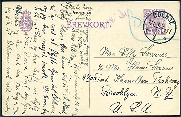 15 øre Chr. X helsagsbrevkort (fabr. 70-H) fra Kerteminde markeret ugyldig i Odense d. 17.11.1930 til Brooklyn, USA. Violet portostempel T. 30 c..