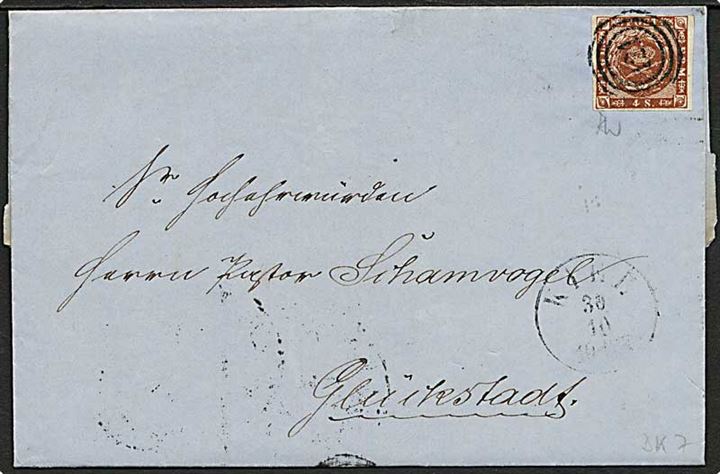 4 sk. 1858 udg. på brev annulleret med nr.stempel 121 og sidestemplet antiqua Kiel d. 30.10.14862 til Glückstadt. 