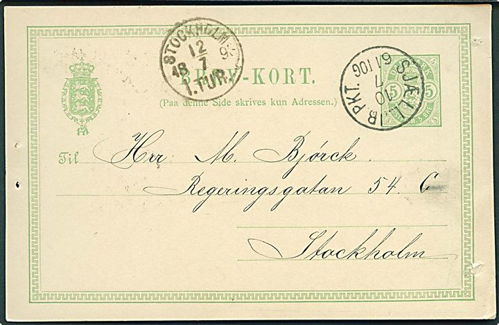 5 øre helsagsbrevkort annulleret med lapidar bureaustempel Sjæll. JB.PKT. d. 10.7.1893 til Stockholm, Sverige. Nålehul.