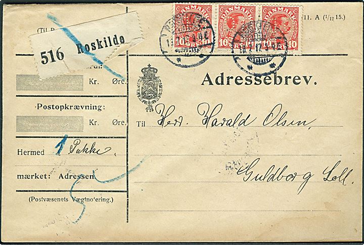 10 øre Chr. X (3) med perfin D.D.S.F. på adressebrev for pakke fra De Danske Spritfabrikker i Roskilde d. 18.7.1917 via Nørre-Alslev til Guldborg, Lolland. 1 mærke defekt.