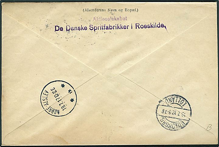 10 øre Chr. X (3) med perfin D.D.S.F. på adressebrev for pakke fra De Danske Spritfabrikker i Roskilde d. 18.7.1917 via Nørre-Alslev til Guldborg, Lolland. 1 mærke defekt.