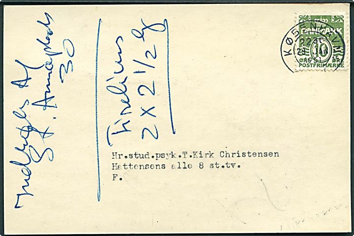10 øre Bølgelinie med perfin F.K. på tryksags-brevkort fra Frederiksberg Kommunebibliotek stemplet København d. 29.1.1951.