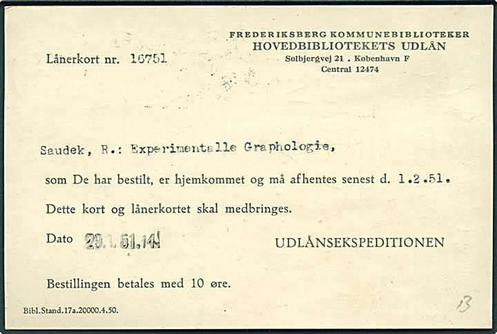 10 øre Bølgelinie med perfin F.K. på tryksags-brevkort fra Frederiksberg Kommunebibliotek stemplet København d. 29.1.1951.