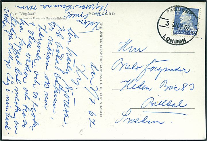 80 øre Fr. IX på brevkort (M/S England) annulleret med engelsk skibsstempel Paquebot London d. 3.7.1967 til Billdal, Sverige.