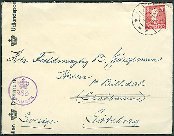 20 øre Chr. X på brev fra Snekkersten d. 2x.8.1945 til Göteborg, Sverige. Åbnet af dansk efterkrigscensur (krone)/283/Danmark.