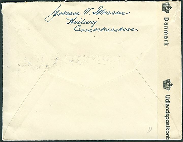 20 øre Chr. X på brev fra Snekkersten d. 2x.8.1945 til Göteborg, Sverige. Åbnet af dansk efterkrigscensur (krone)/283/Danmark.