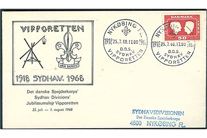 50 øre Bryllup på illustreret spejderkuvert annulleret med særstempel Nykøbing Fl. D.D.S. Sydhav Vipporetten d. 25.7.1968 til Nykøbing F.