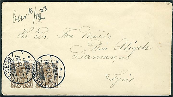 20 øre Chr. X i parstykke på brev stemplet Tjæreborg d. 30.11.1923 til Damaskus, Syrien.
