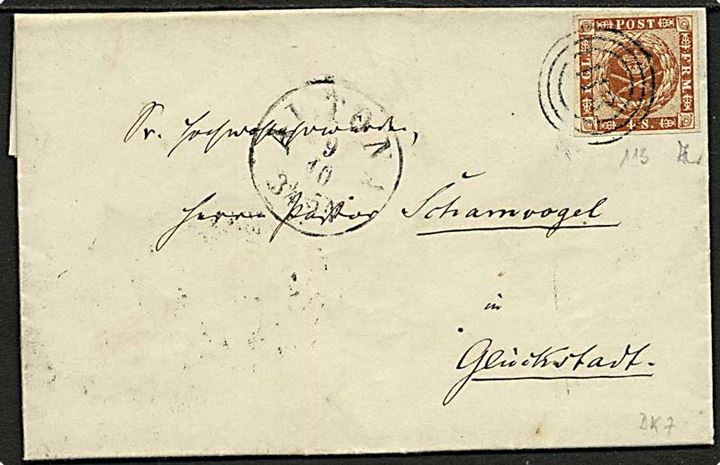 4 sk. 1858 udg. på brev annulleret med nr.stempel 113 og sidestemplet Altona d. 9.10.1862 til Glückstadt.