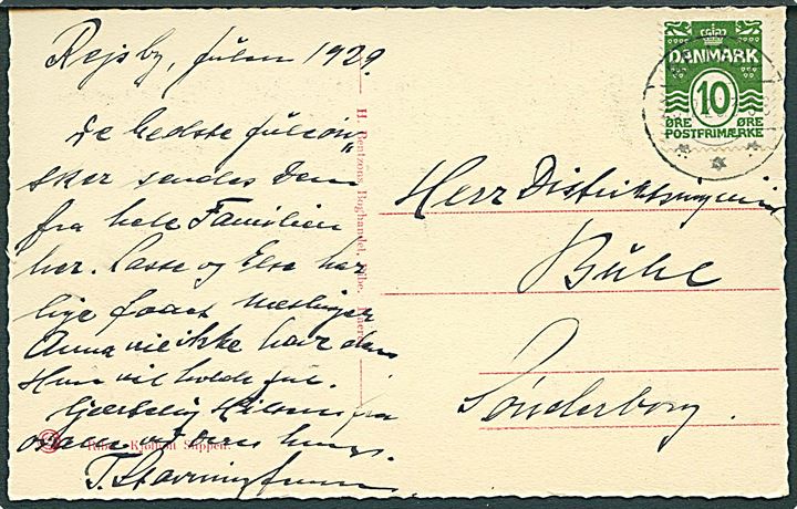10 øre Bølgelinie på brevkort stemplet brotype IIb Rejsby d. 23.12.1929 til Sønderborg.