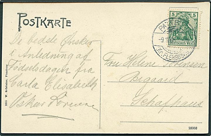 5 pfg. Germania på brevkort (Sejlskibe i Flensburg) stemplet Pattburg d. 9.1.1906 til Schafhaus.