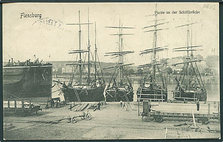 5 pfg. Germania på brevkort (Sejlskibe i Flensburg) stemplet Pattburg d. 9.1.1906 til Schafhaus.