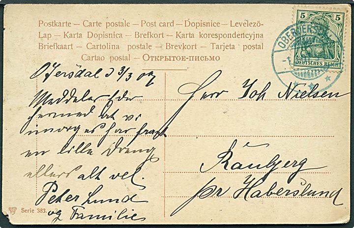 5 pfg. Germania på brevkort annulleret med blåt stempel Oberjersdal d. 1.3.1907 til Haberslund.