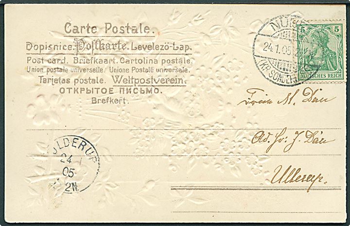 5 pfg. Germania på brevkort stemplet Nübel (kr. Sonderburg) d. 24.1.1905 til Ullerup.