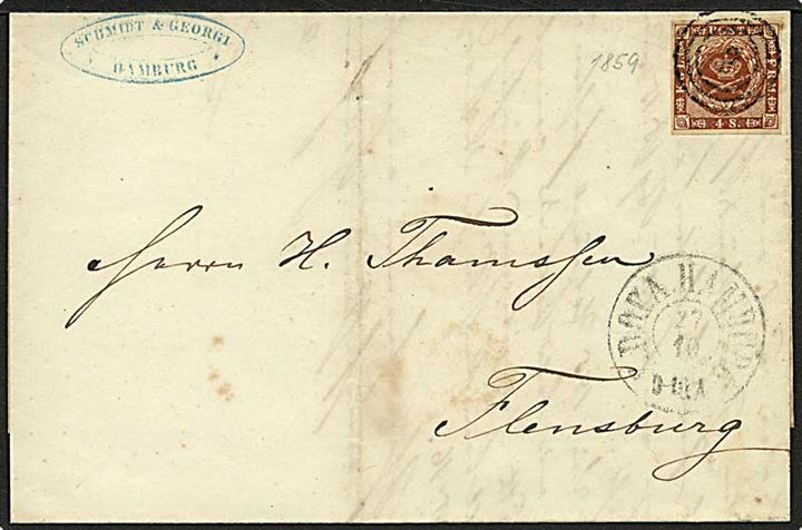 4 sk. 1858 udg. på brev annuleret med svagt nr.stempel 2 og sidestemplet K.D.O.P.A. Hamburg d. 27.10.1859 til Flensburg.