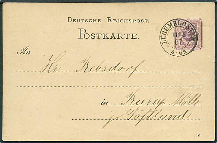 5 pfg. helsagsbrevkort dateret Lügumgaard Mølle annulleret Lügumkloster d. 11.5.1887 til Rurup Mølle pr. Toftlund.