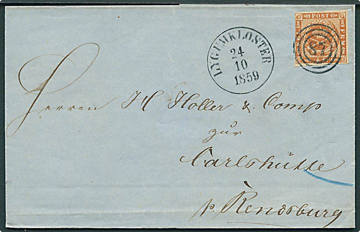 4 sk. 1858 udg. på brev annulleret med nr.stempel 87 og sidestemplet antiqua Lygumkloster d. 24.10.1859 til Carlshütte pr. Rendsburg.