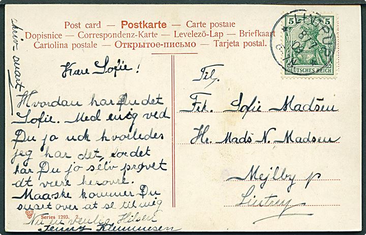 5 pfg. Germania på brevkort annulleret med enringsstempel Lintrup d. 8.7.1909 til Mejlby pr. Lintrup.