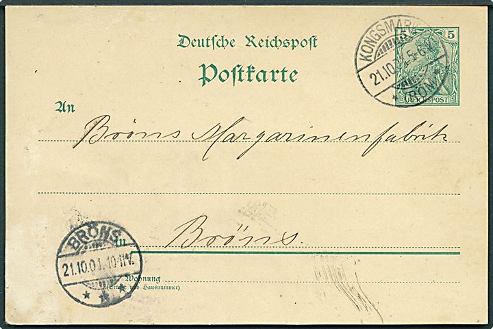 5 pfg. Germania helsagsbrevkort stemplet Kongsmark *(Röm)* d. 21.10.1901 til Brøns.
