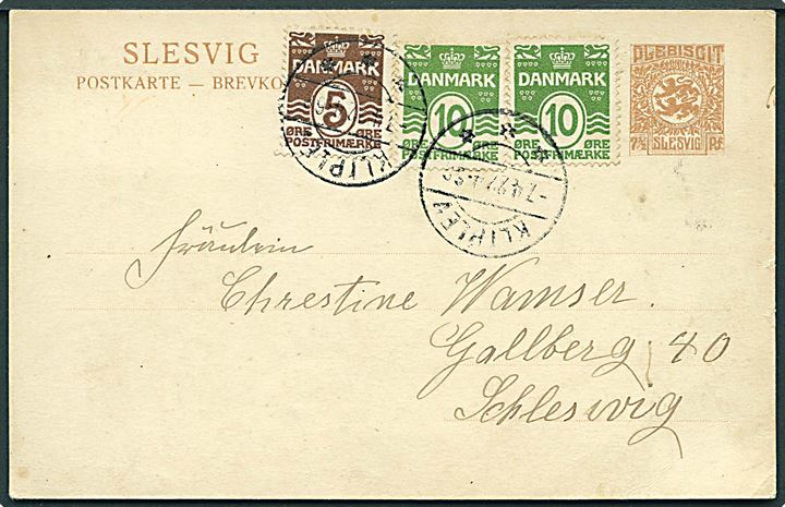 7½ pfg. Fælles udg. helsagsbrevkort benyttet som brevkort frankeret med 5 øre og 10 øre (2) Bølgelinie stemplet Kliplev d. 7.4.1922 til Schleswig, Tyskland.