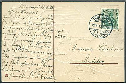 5 pfg. Germania på brevkort stemplet Hvidding (Schleswig) d. 12.6.1913 til Bredebro.