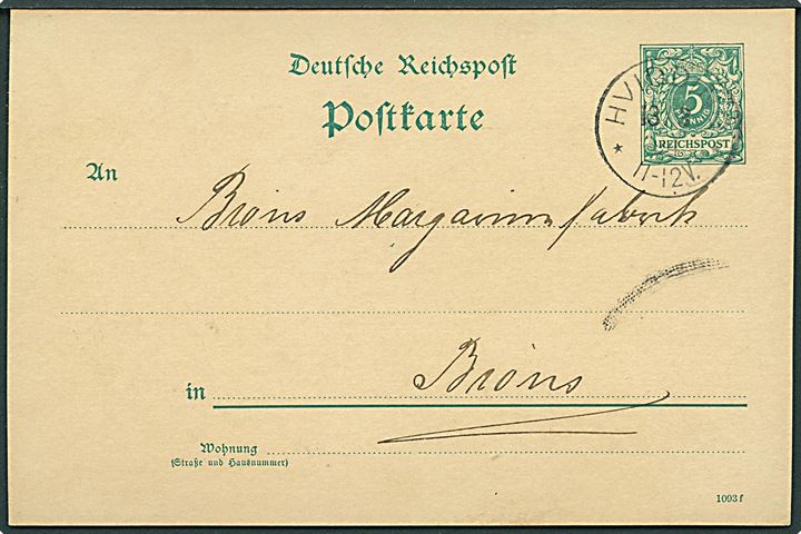 5 pfg. helsagsbrevkort stemplet Hvidding d. 13.3.1894 til Brøns.