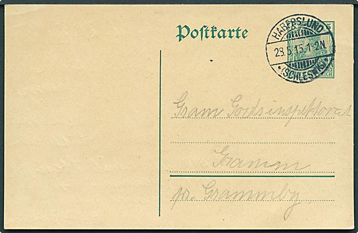 5 pfg. Germania helsagsbrevkort stemplet Haberslund *(Schleswig)* d. 28.5.1915 til Gram.