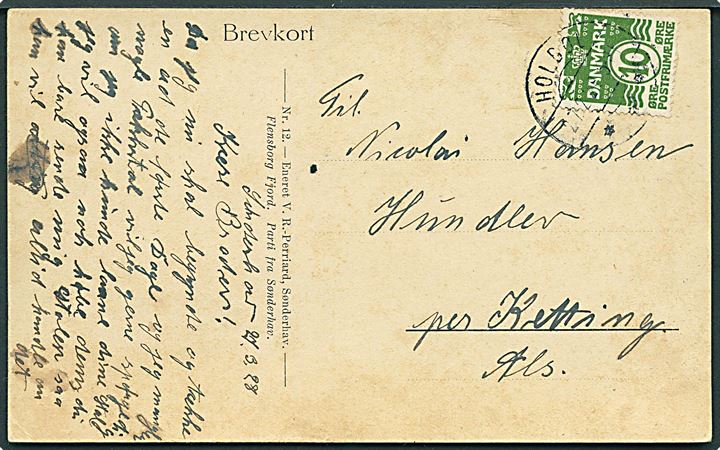 10 øre Bølgelinie på brevkort annulleret med brotype IIb Holbøl d. 27.3.1928 til Ketting Als.