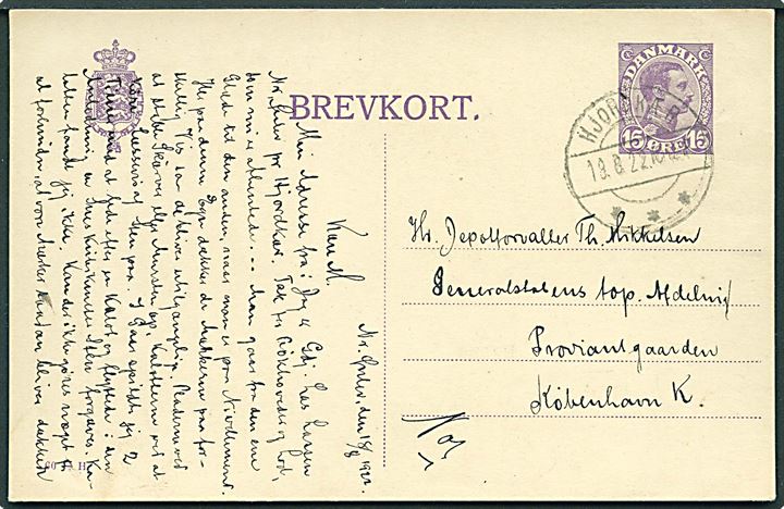 15 øre Chr. X helsagsbrevkort (fabr. 60-H) annulleret med brotype IIb Hjordkær d. 19.8.1922 til København.