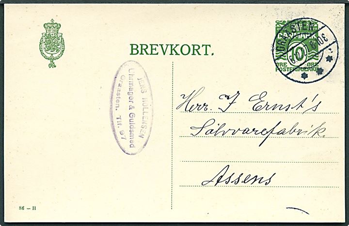 10 øre helsagsbrevkort (fabr. 86-H) annulleret med brotype IIb Graasten sn1 d. 16.12.1927 til Assens.