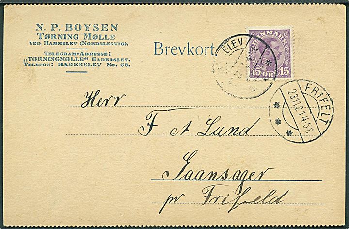 15 øre Chr. X på brevkort fra Tørning Mølle annulleret med svagt stempel i Hammelev til Frifelt. Ank.stemplet med brotype IIb Frifelt d. 23.11.1921.