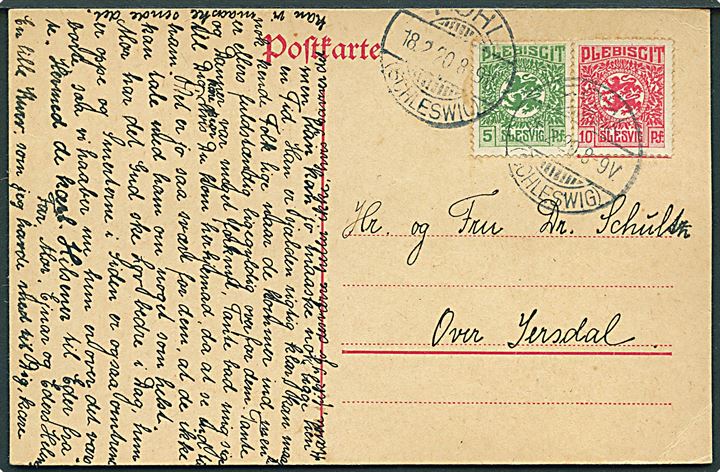 5 pfg. og 10 pfg. på tysk helsagsbrevkort dateret Markskelbæk annulleret Fohl (Schleswig) d. 18.2.1920 til Over Jersdal.