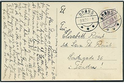 15 øre Chr. X på brevkort (Mindestenen i Brøns) annulleret med brotype IIb Brøns d. 8.11.1922 til Tønder.