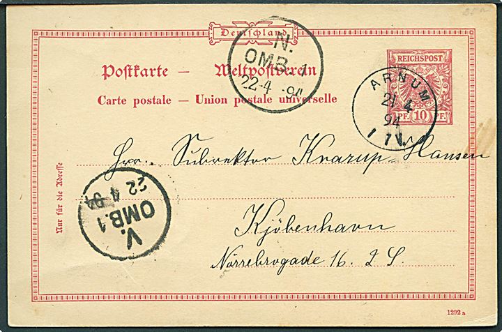 10 pfg. helsagsbrevkort annulleret med enringsstempel Arnum d. 21.4.1894 til København.