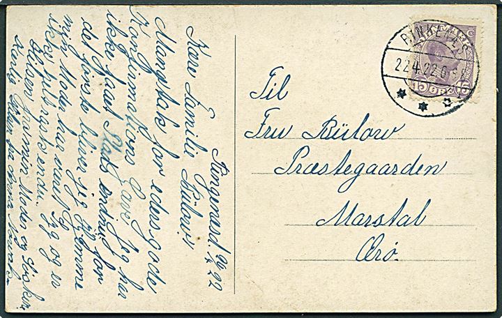 15 øre Chr. X på brevkort (H. Jørgensens Estig., Rinkenæs) annulleret med brotype IIb Rinkenæs sn1 d. 22.4.1922 til Marstal.