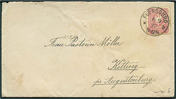 10 pfg. Adler på brev fra Flensburg d. 6.9.1879 til Ketting pr. Augustenburg. På bagsiden ank.stemplet med 2-ringsstempel Augustenburg d. 7.9.1879.