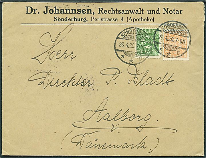 5 pfg. (kort hj.tak) og 25 pfg. Fælles udg. på brev stemplet Sonderburg **C d. 26.4.1920 til Aalborg.