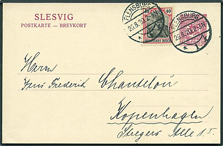 15 pfg. Fælles udg. helsagsbrevkort anvendt som brevkort frankeret med 40 pfg. Germania fra Flensburg d. 26.8.1920 til København, Danmark.