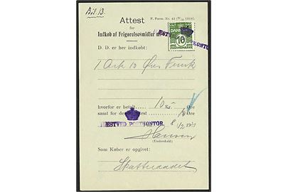 10 øre Bølgelinie på Attest for indkøb af Frigørelsesmidler m.v. dateret d. 8.12.1921 og annulleret med liniestempel (krone)/NÆSTVED POSTKONTOR.