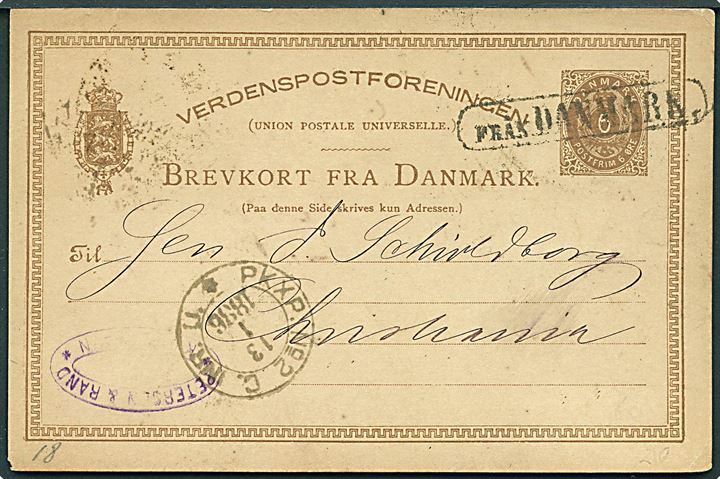 6 øre helsagsbrevkort fra Kjøbenhavn annulleret med svensk skibsstempel Från Danmark og sidestemplet PKXP No. 2 C d. 13.1.1886 til Christiania, Norge.
